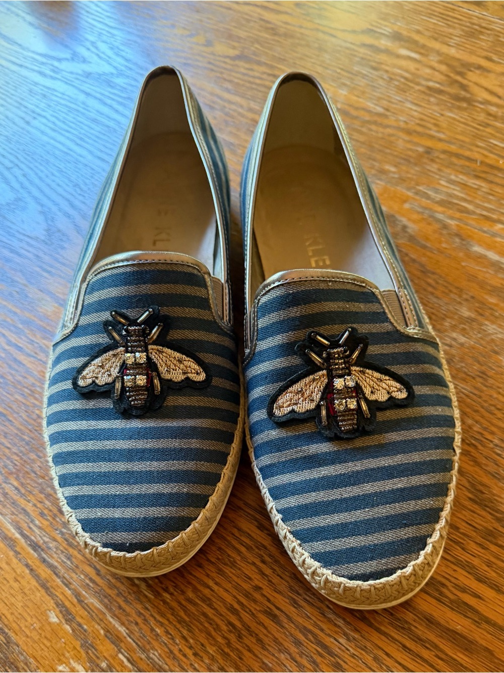 Anne Klein Navy and Cream Striped Bee Espadrille Loafers